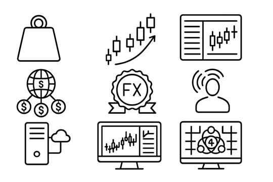 Forex Trading Icons. Line style icons of forex trading: lot size symbol, price action icon, order book view, liquidity provider