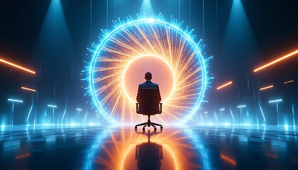 Confidently seated leader gazes at vibrant digital portal, symbolizing future innovation and strategic vision in technology.