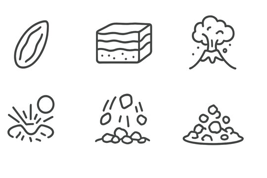 Volcanology Icon Set. Line style icons of volcanology: volcanic bomb, tephra layer, lapilli particle, volcanic ejecta, ballistic