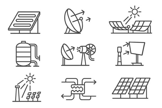 Renewable Energy Icons. Line style icons of renewable energy: solar thermal collector, parabolic mirror, concentrated solar power,