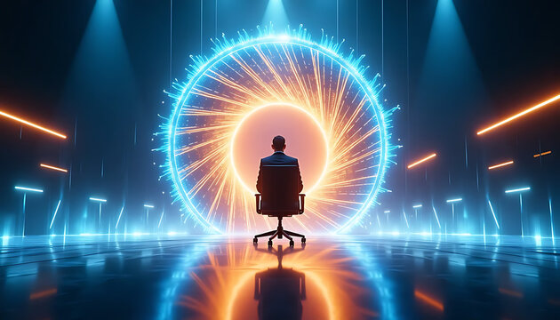 Confidently seated leader gazes at vibrant digital portal, symbolizing future innovation and strategic vision in technology.