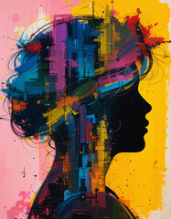 Modern abstract silhouette portrait of woman with colorful paint splashes and artistic brush stroke digital artwork on vibrant background