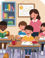 Happy diverse children learning in a vibrant elementary school classroom, guided by a smiling female teacher during a reading lesson