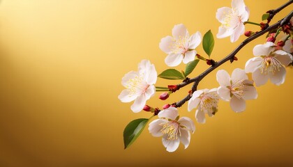 Fototapeta premium Cherry Branch In Bloom On A Soft Yellow Backdrop Showcases Nature S Beauty