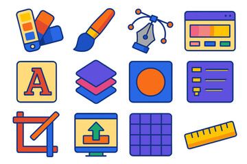 Graphic Design Tools. Isometric vector illustration set Graphic design toolkit: color palette, paintbrush, vector pen tool,