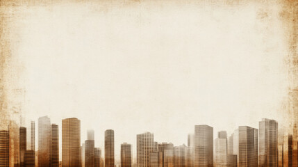 Faint city skyline muted light soft grain sepia tone vintage style urban landscape high fidelity calm atmosphere textured background empty space