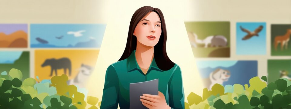 Young woman presenting in front of nature-themed artwork display