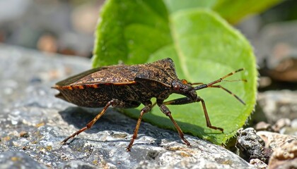 Close-up of a Stink Bug on a Leaf and Stone