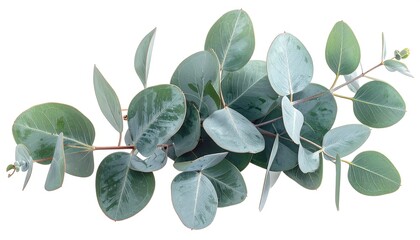 A close-up view of a bunch of fresh eucalyptus sprigs against a plain white background, showcasing the delicate, oval-shaped leaves and subtle variations in the soft, light teal green color.