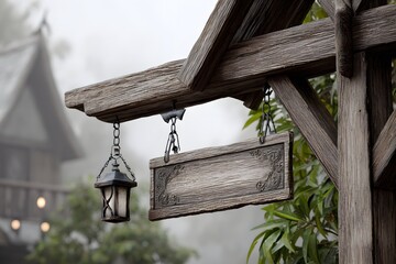 Wooden sign hanging at entrance of haunted house attraction Generative AI