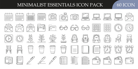 Minimalist essentials icon pack for daily use - Collection of 60 outline icons featuring calendars, stationery, gadgets, furniture, and lifestyle items, perfect for productivity