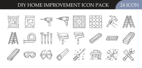 DIY home improvement and repair icon pack set - Collection of 24 outline icons featuring tools, equipment, and materials for home renovation, building, and repairs, perfect for DIY and construction