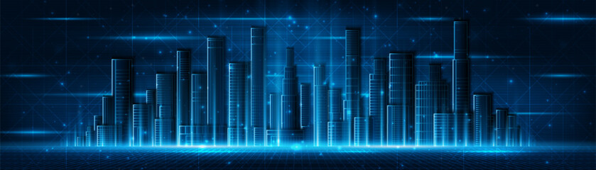 Smart city technology with hologram world in the background. Future technology city architecture concept. Digital hi-tech city design. Technology city background.	