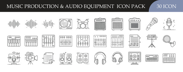 Music production and audio equipment icon pack set - Set of 30 outline icons featuring instruments, studio gear, sound mixing, microphones, and headphones, perfect for music, recording