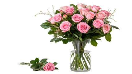 Fototapeta premium Beautiful pink rose bouquet in glass vase isolated cut out on PNG. AI GENERATED. 