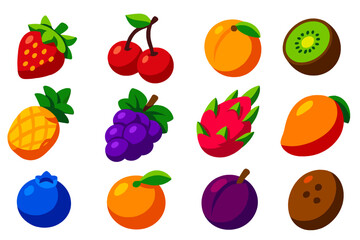 Vibrant Fruit Icons. Isometric vector illustration set of fruits: strawberry, cherry, peach, kiwi, pineapple, grape, dragon fruit,