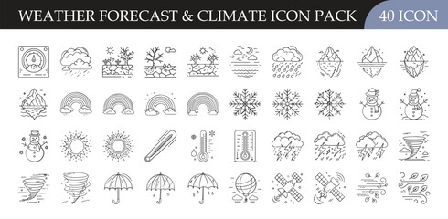 Weather forecast and climate icon pack collection - Set of 40 outline icons showing sun, rain, snow, wind, storms, and seasonal symbols, ideal for weather apps and climate projects.

