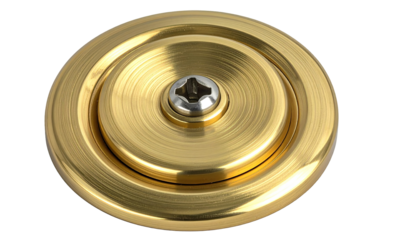 Golden circular metallic disc with concentric circles and a screw