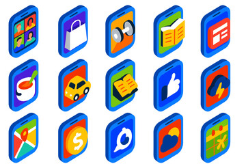 Vibrant App Icon Set. Isometric vector illustration set of mobile applications: video conferencing app, shopping catalog app,