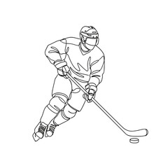 Line art of a hockey player skating and preparing to shoot puck  