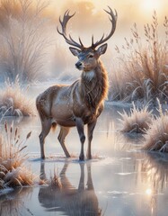 A winter landscape with a regal stag.
