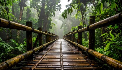 A tranquil bamboo bridge stretches through a lush, misty rainforest, inviting a sense of peace and adventure.