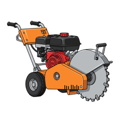 Fototapeta premium An illustration of an orange walk-behind concrete saw with a large circular blade, isolated on a white background.