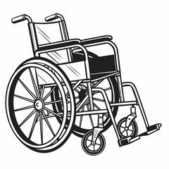 Detailed black and white illustration of a standard manual wheelchair with large rear wheels and small front casters