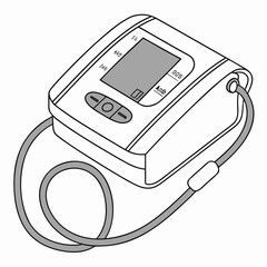 Digital blood pressure monitor with cuff and display showing readings and symbols on white background