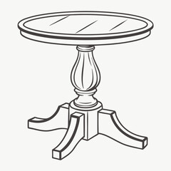 Elegant round pedestal table with a decorative carved base and a reflective surface in a line art style