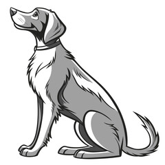 Stylized black and white illustration of a loyal dog sitting patiently and looking upwards attentively