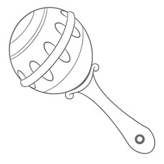 Simple outline drawing of a classic baby rattle with decorative swirls on its handle