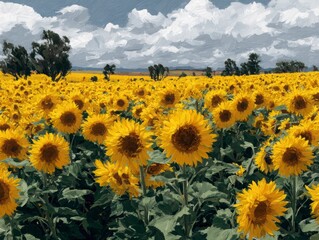Obraz premium Bright Sunflower Field Under Cloudy Sky with Blue Horizon Display