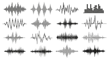 Collection of twelve sound wave visualizations, showing varying amplitudes and frequencies in a horizontal arrangement.