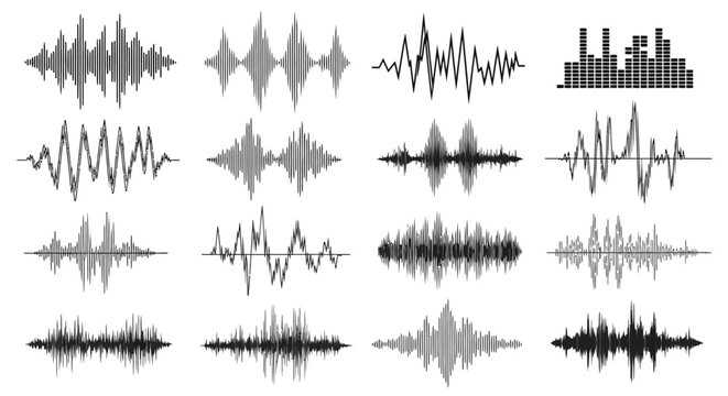 Collection of twelve sound wave visualizations, showing varying amplitudes and frequencies in a horizontal arrangement.