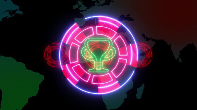 trophy Animation of network of profile icons and light trails over neon purple round scanner