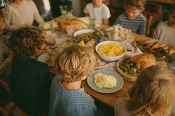 Thanksgiving celebration with children gathered at the kids table enjoying delicious food and sharing laughter around a festive feast
