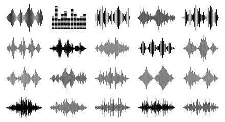 Collection of various sound wave visualizations, showing different amplitudes and frequencies.