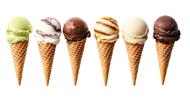 Various ice cream cones with assorted flavors on Transparent Background