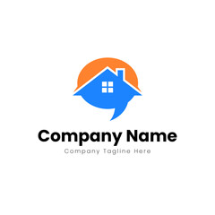 Logo design of blue house inside a speech bubble logo