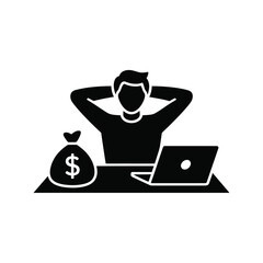 Relaxed businessman sitting at desk with laptop and money bag icon
