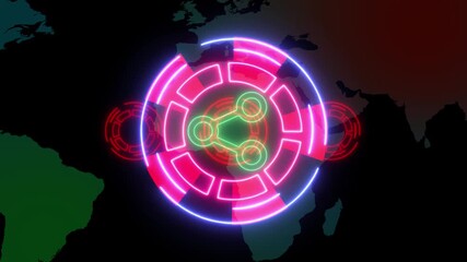 Share Animation of network of profile icons and light trails over neon purple round scanner - Powered by Adobe