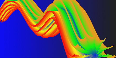 Colorful abstract 3D ribbon wave in rainbow gradient tones flowing across a vibrant blue background, ideal for digital art, dynamic backgrounds, or creative visuals
