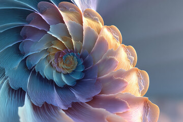 Abstract shell fractal with smooth spiral curves, featuring vibrant colors and flowing design.