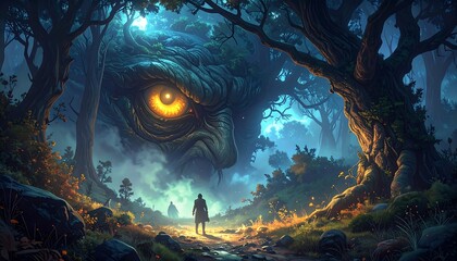 A colossal, ancient eye gazes out from a mystical woodland, illuminating a path of mystery and fear.