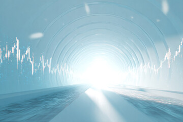 Stock market visualization in 3D tunnel, combining abstract motion and financial analytics graphics.