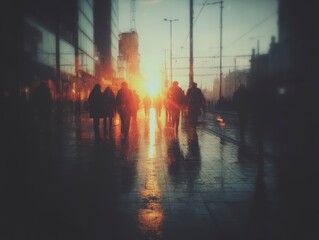 Urban Sunset Silhouettes of People Walking on City Street at Dusk