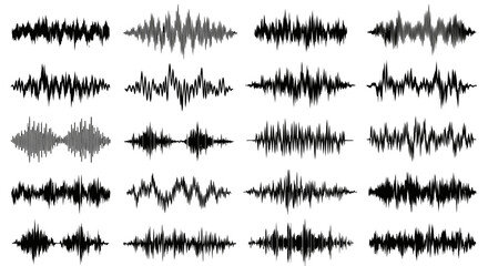 Collection of various audio waveforms, demonstrating different sound frequencies and intensities.