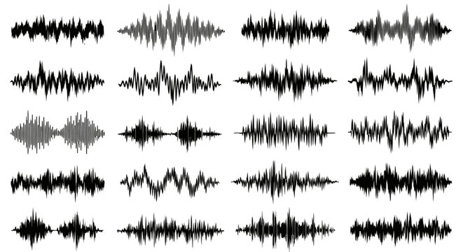 Collection of various audio waveforms, demonstrating different sound frequencies and intensities.