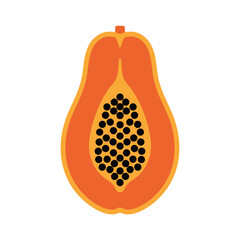 A vibrant, stylized illustration of a halved papaya with black seeds on a white background.